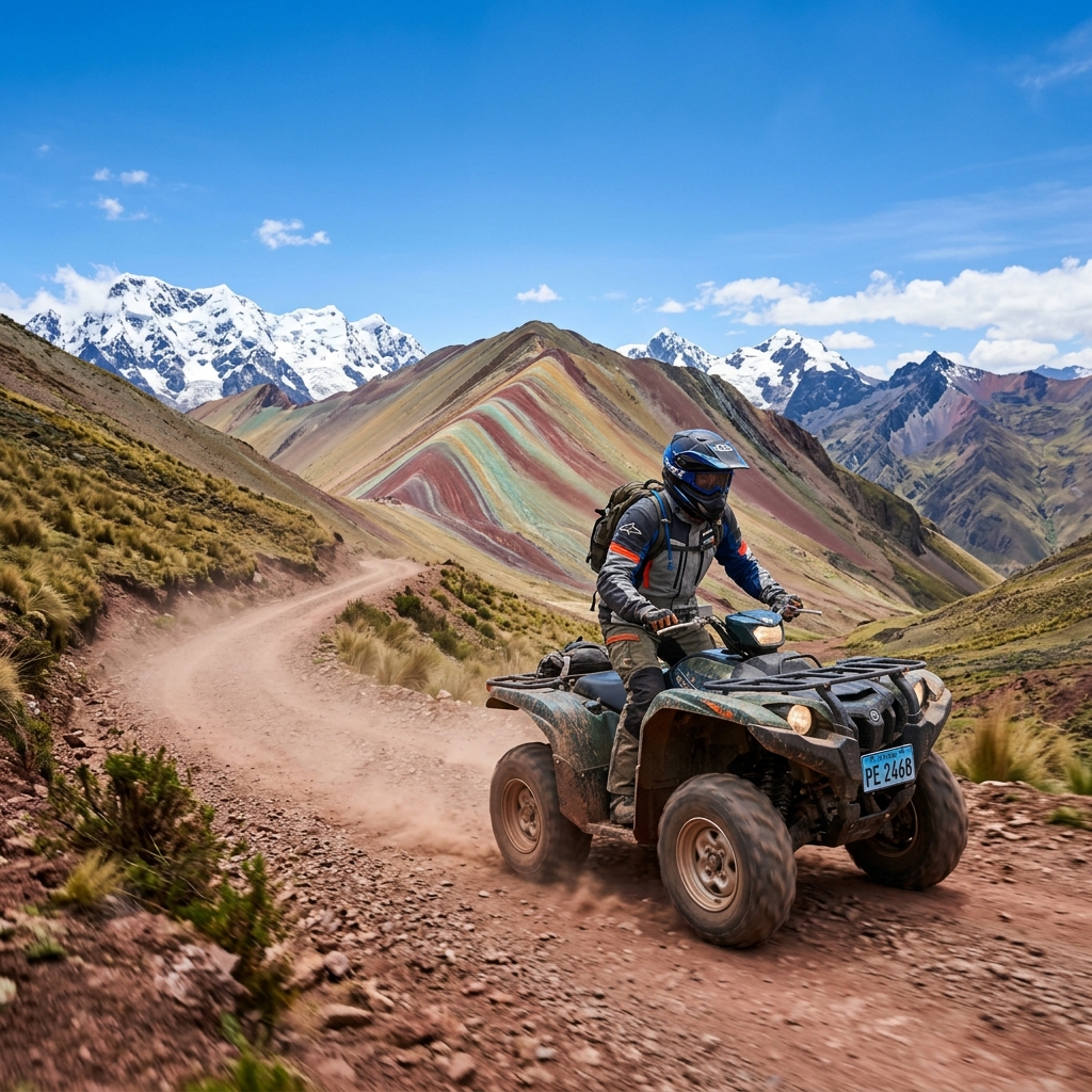 Aventurero manejando cuatrimoto rumbo a la Montaña de Colores