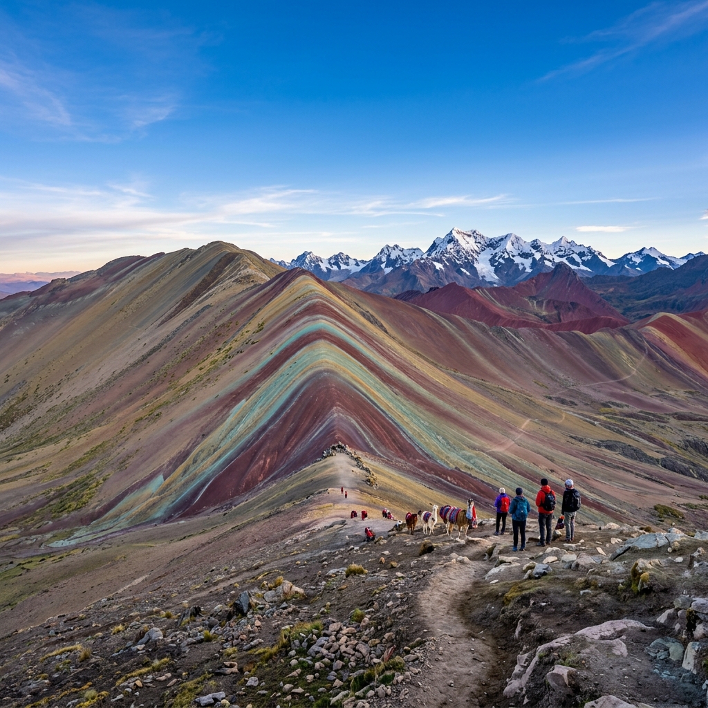 Viajera contemplando las franjas de la Montaña de 7 Colores de Vinicunca