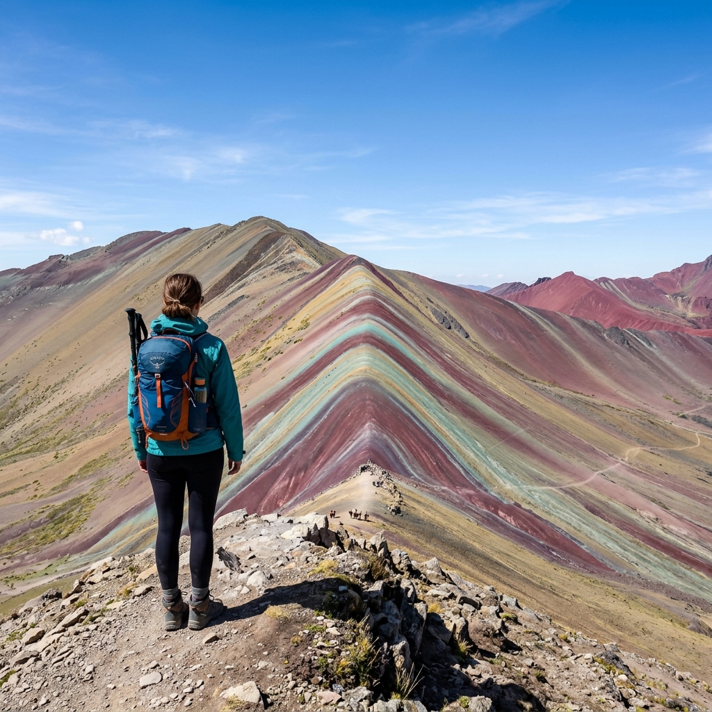 Viajera con brazos abiertos frente a Vinicunca